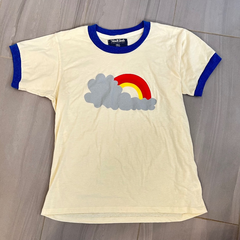Modcloth Camp Collection ringer tee with cloud/rainbow, size large